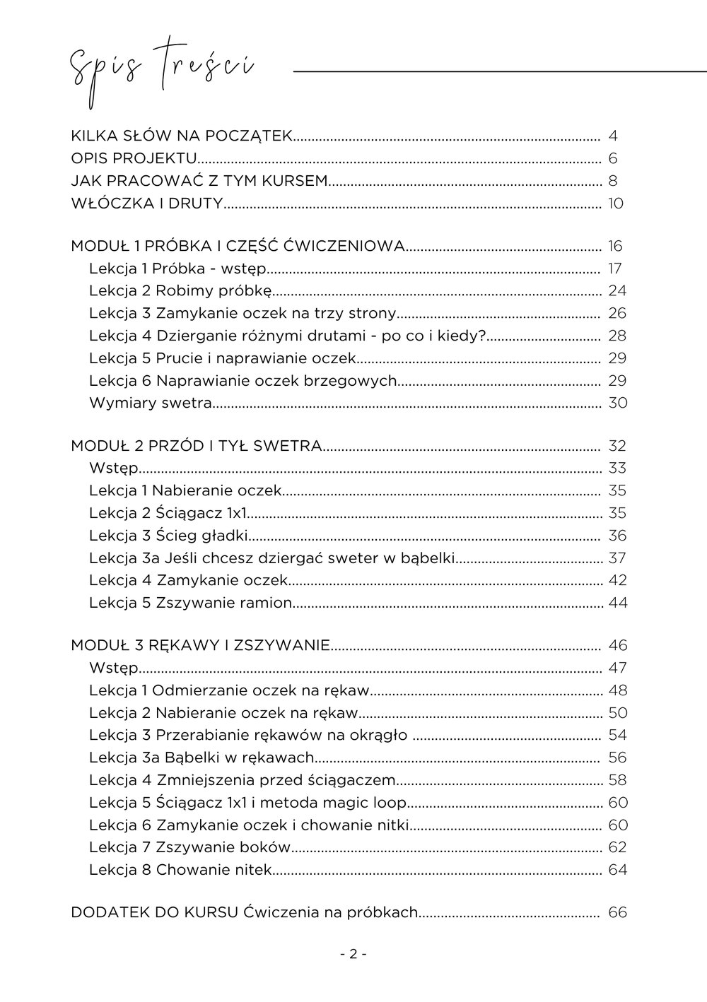 Strona ze środka instrukcji PDF: spis treści kursu Sweter na drutach dla początkujących
