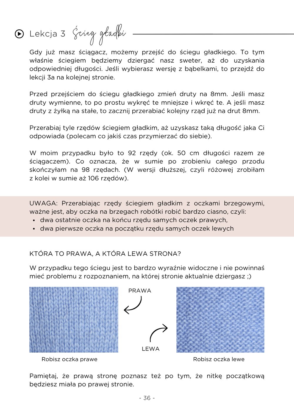 Strona ze środka instrukcji PDF: lekcja o ściegu gładkim, prawa i lewa strona robótki na zdjęciach